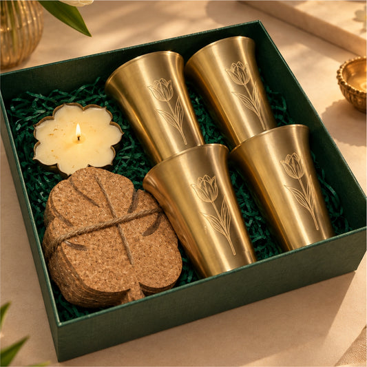 Gift Set Brass-TULIP(Set of 4 glasses, 4 cork coasters