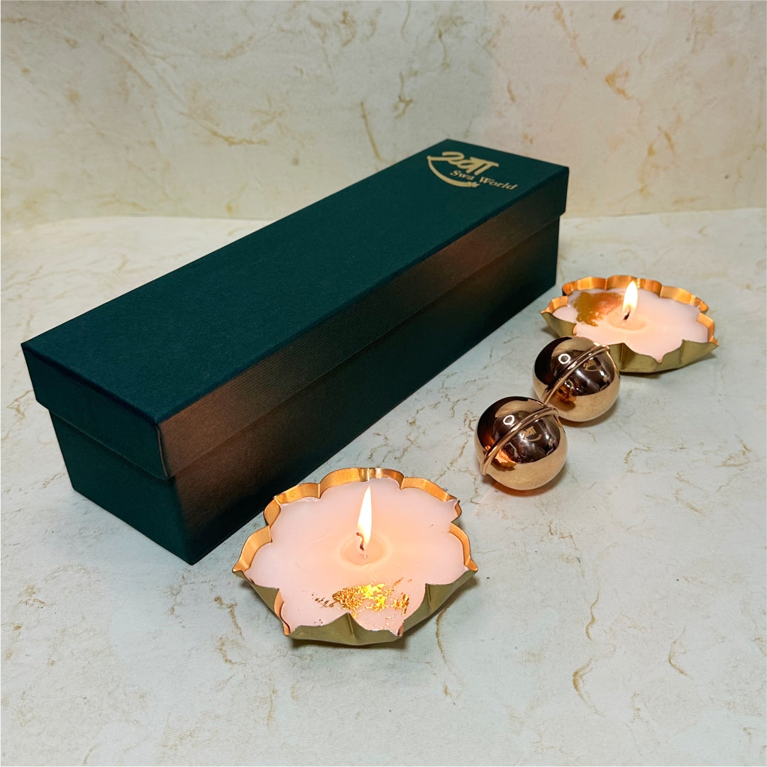 Copper Water Chargers & Lotus Diyas Gift Set