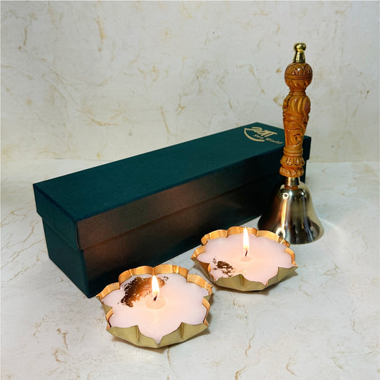 Kansa Temple Bell & 2 Lotus Diyas Gift Box